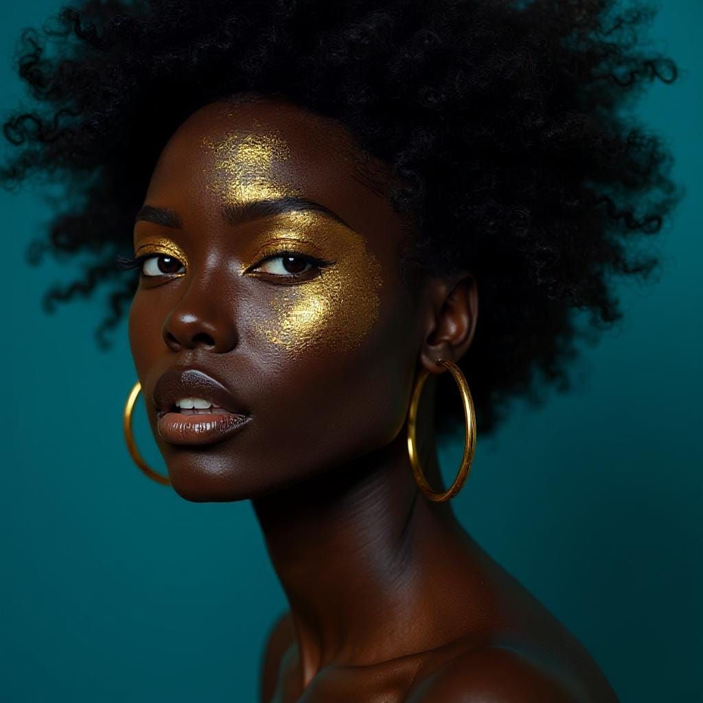 Model with Gold Hoops on Teal Background