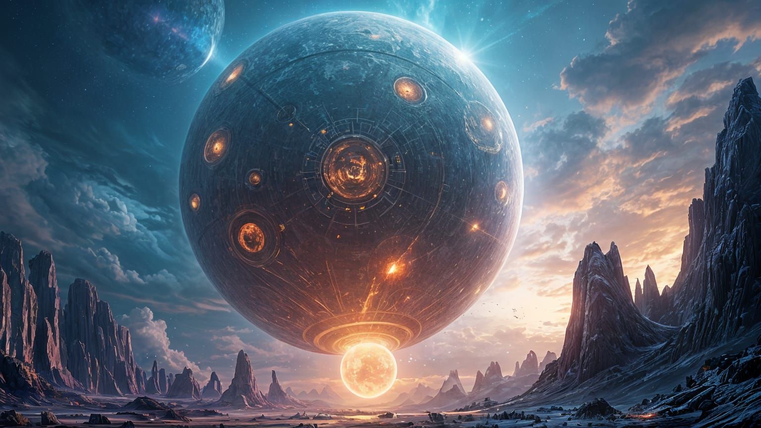 Ethereal Starship Ascends from Desert Planet in Vibrant Fant...