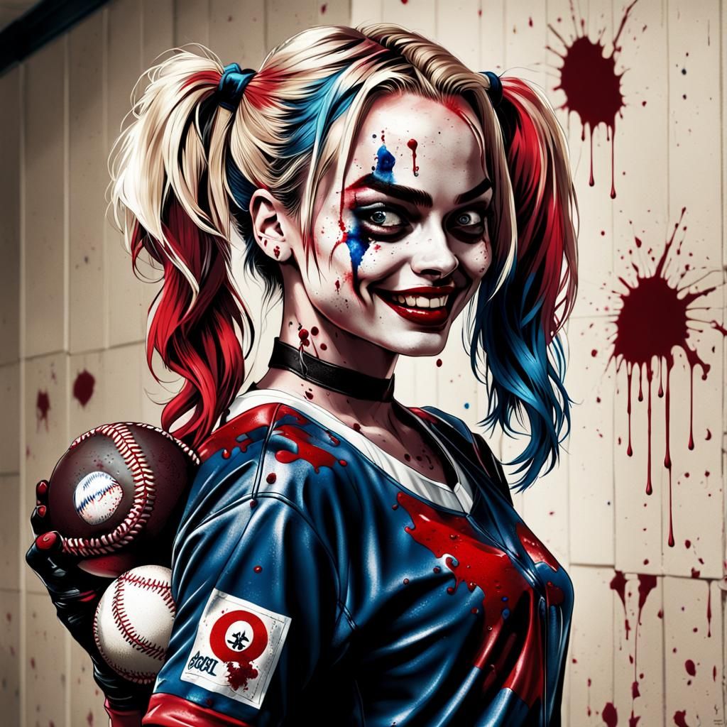 Hyperrealistic Harley Quinn with Bloody Baseball Bat