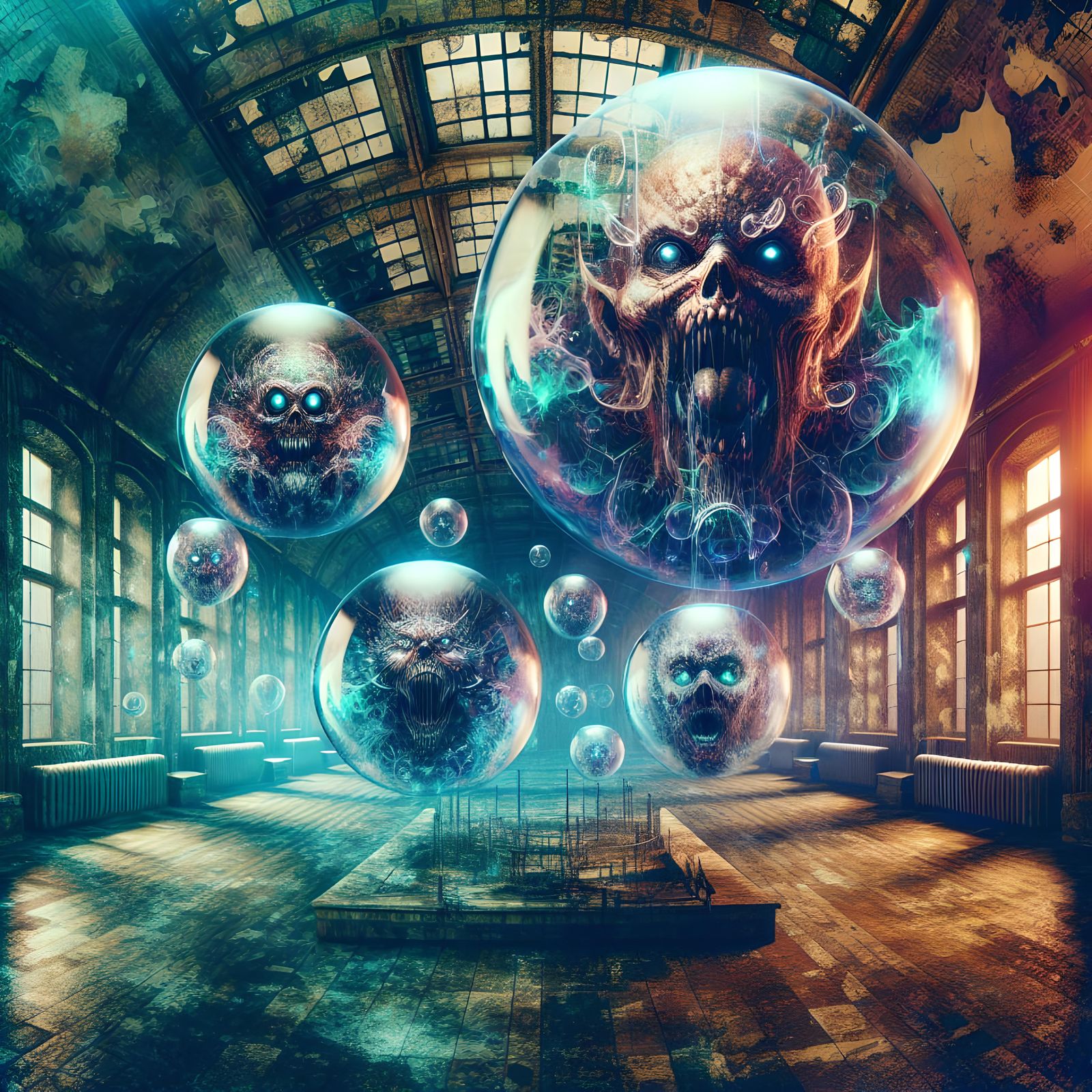 Eerie Demons Encased in Bubbles: A Horror Scene