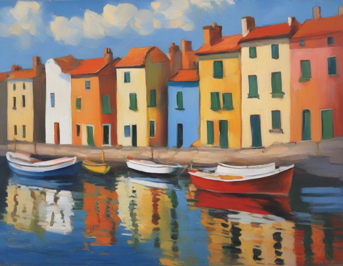 Colorful Hillside Fishing Village Scene in Vibrant Gouache S...