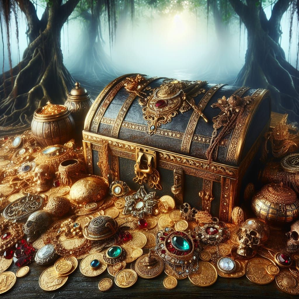 An open treasure trunk full of treasures sunken treasure in ...