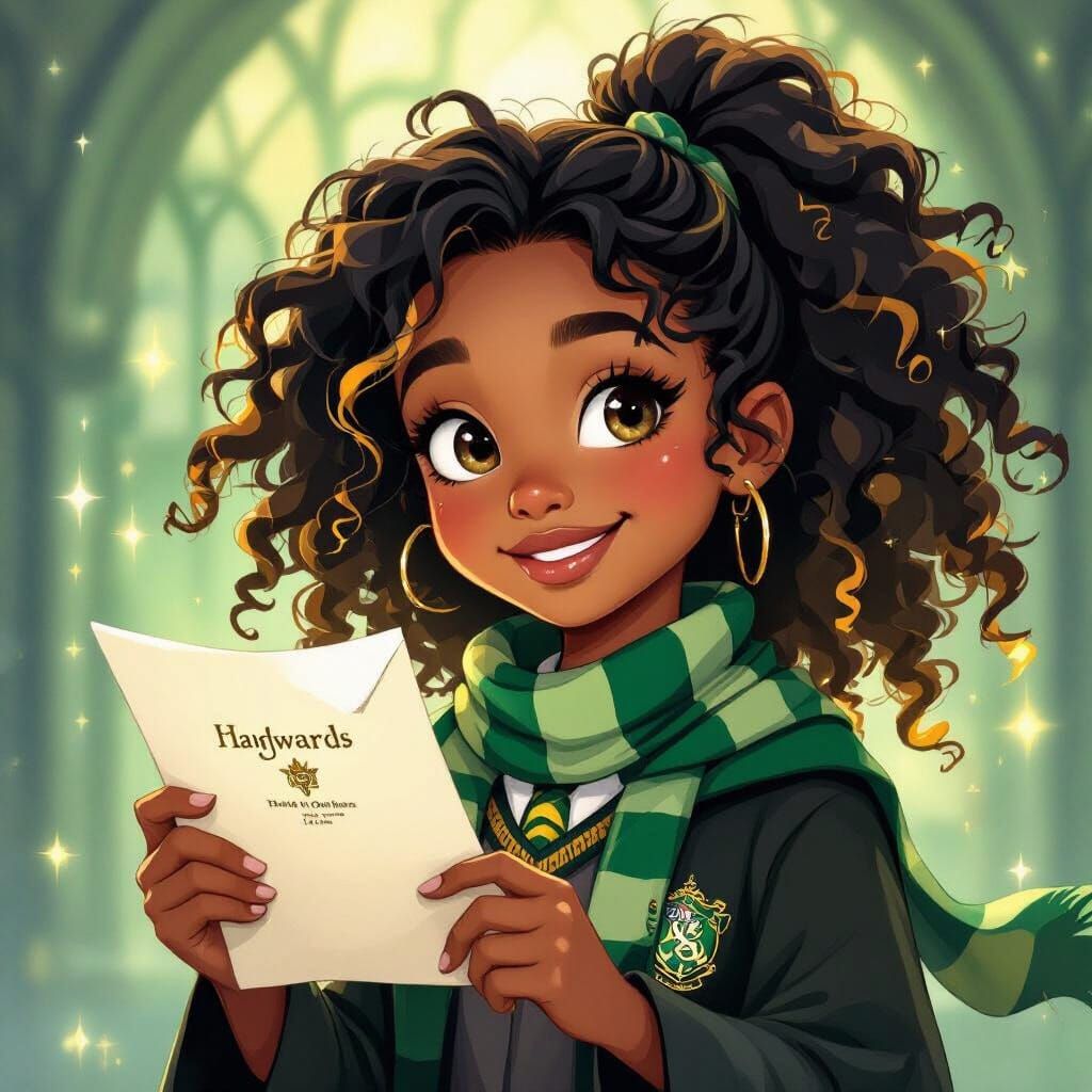 Young Witch Excitedly Holds Hogwarts Letter in Magical Glow