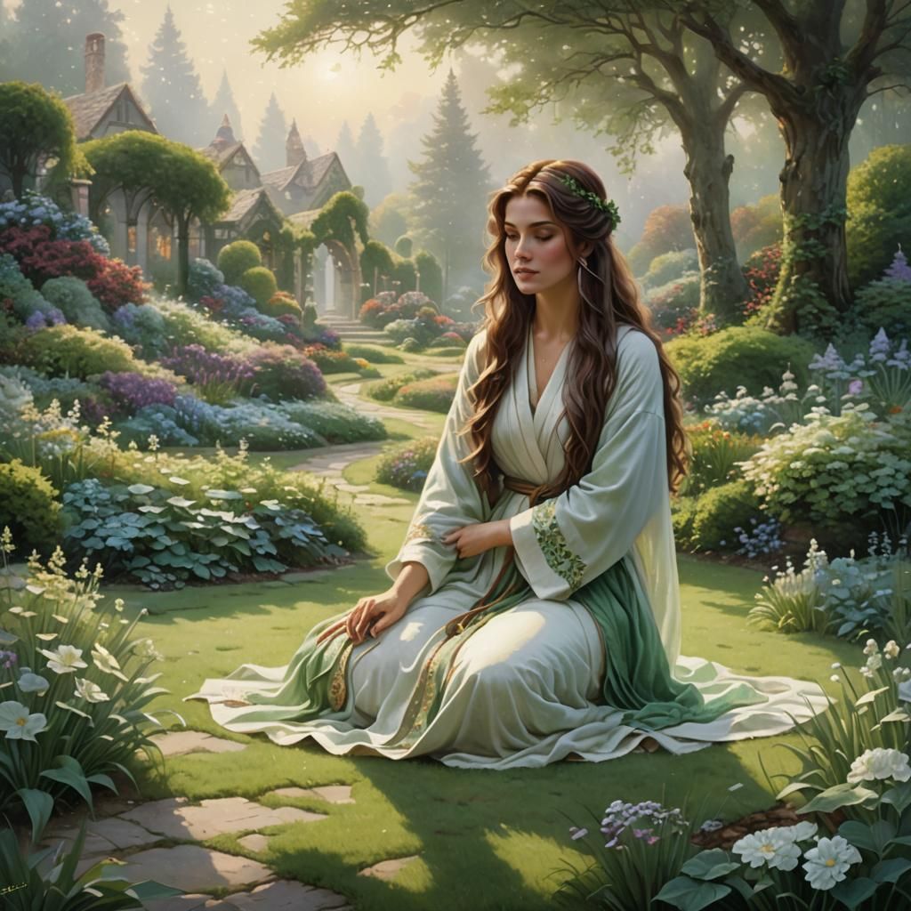 Woman in White Robe Kneeling in Garden