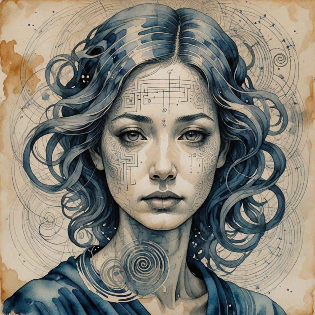 Ethereal Portrait of Sorrow in Yellowed Parchment