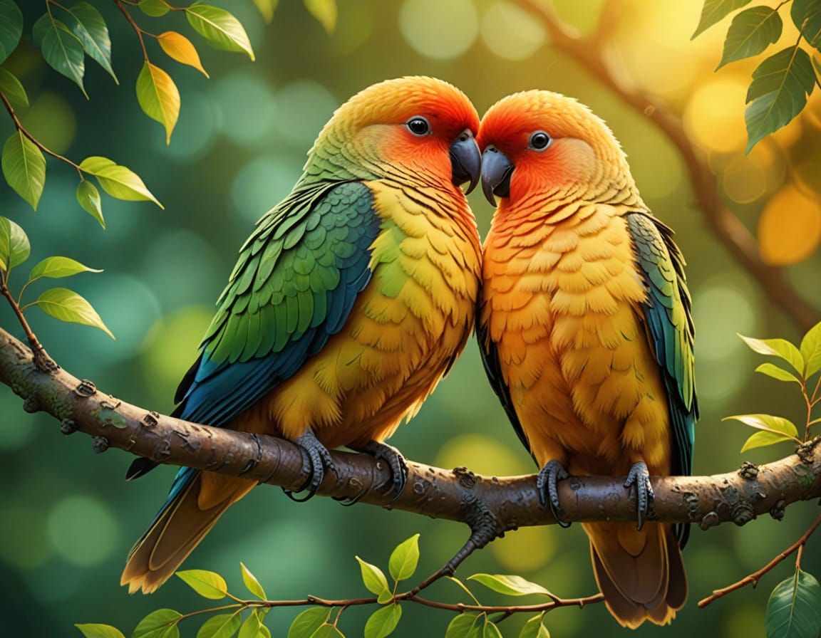 Vibrant Lovebirds on Branch in Digital Art