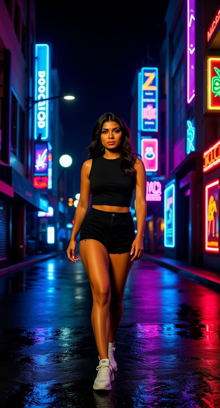 Stylish Latina Woman on Neon-Lit Street