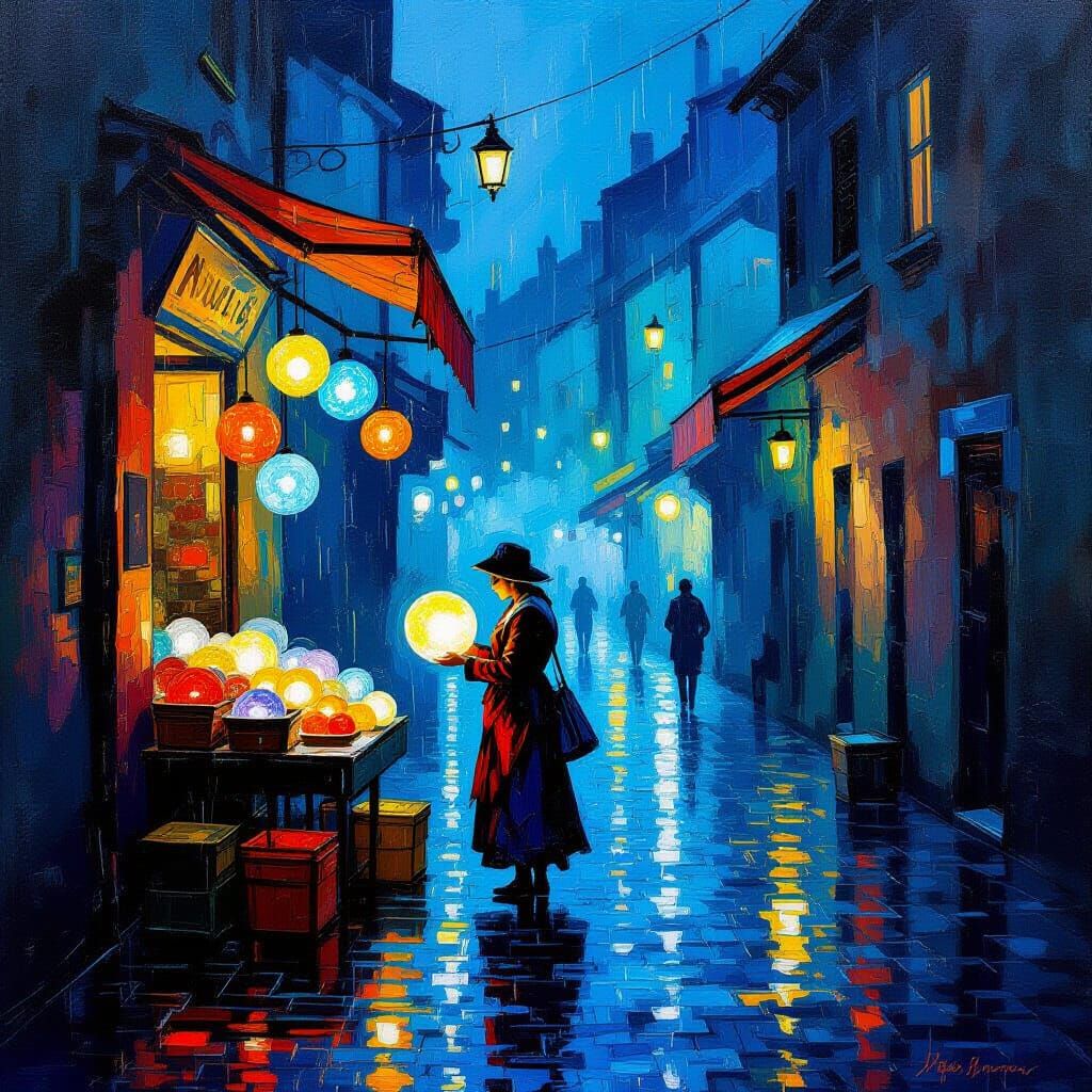 Street Vendor Sells Starlight Orbs in Moody Alleyway