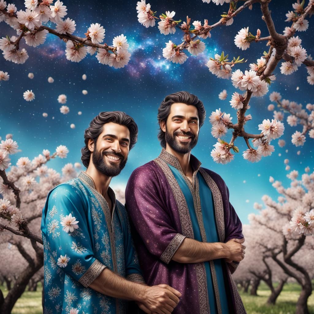 Handsome Men in Silk Amidst Almond Blossoms and Galaxy