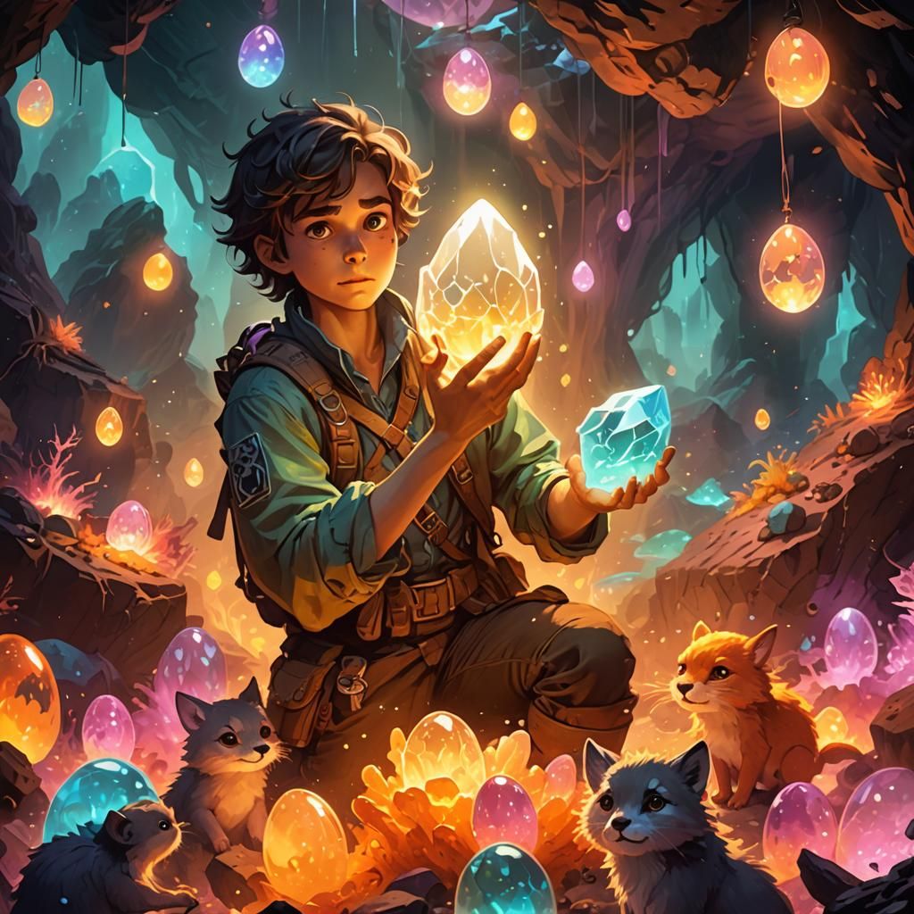 Bioluminescent Cavern Adventure in Neon Ink Style