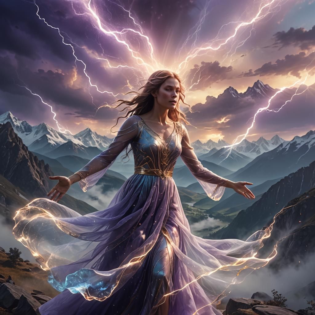 Glowing Woman Summons Lightning in Mountains