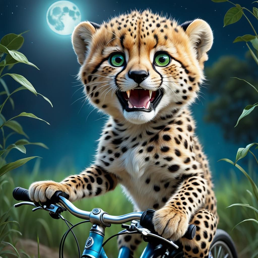 Cute Baby Cheetah Rides Bicycle Under Moon