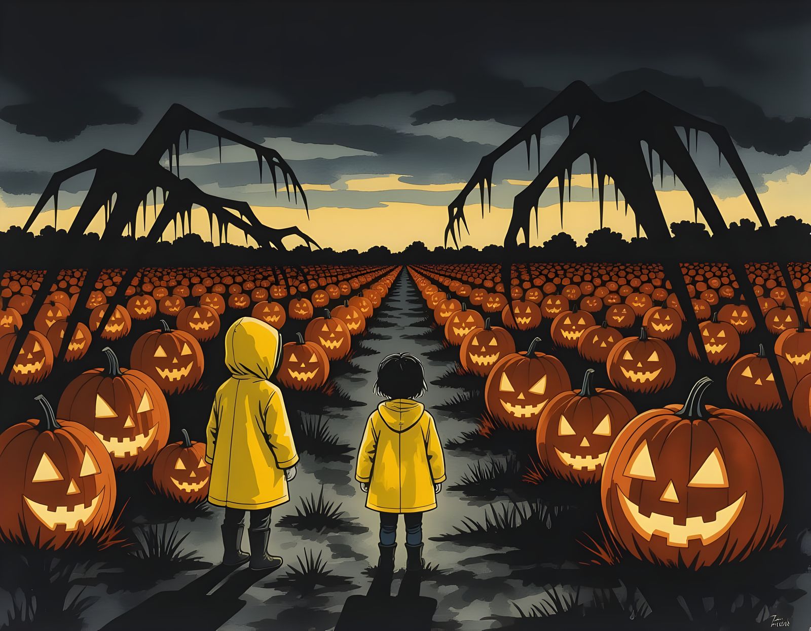 Child in Pumpkin Patch at Dusk in Ink Wash Style