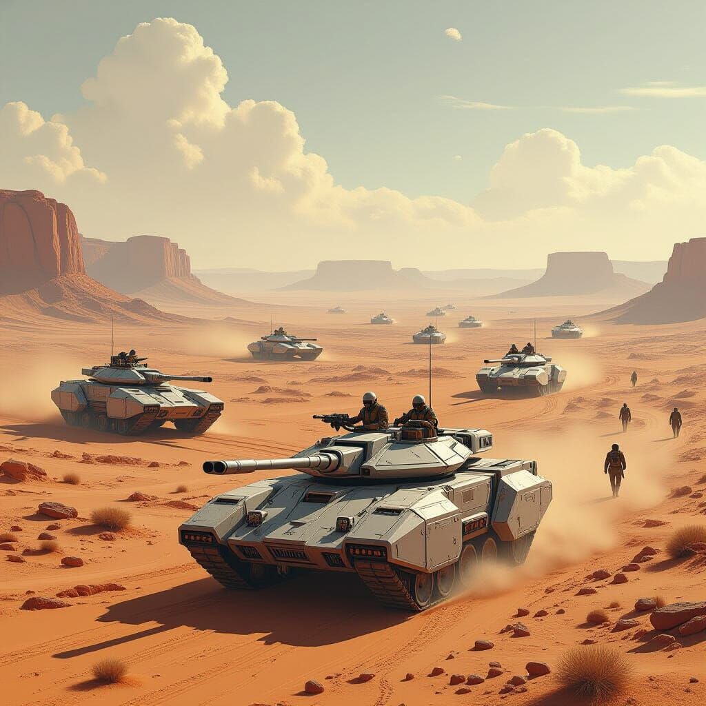 Barren Planetary Landscape with Futuristic Military