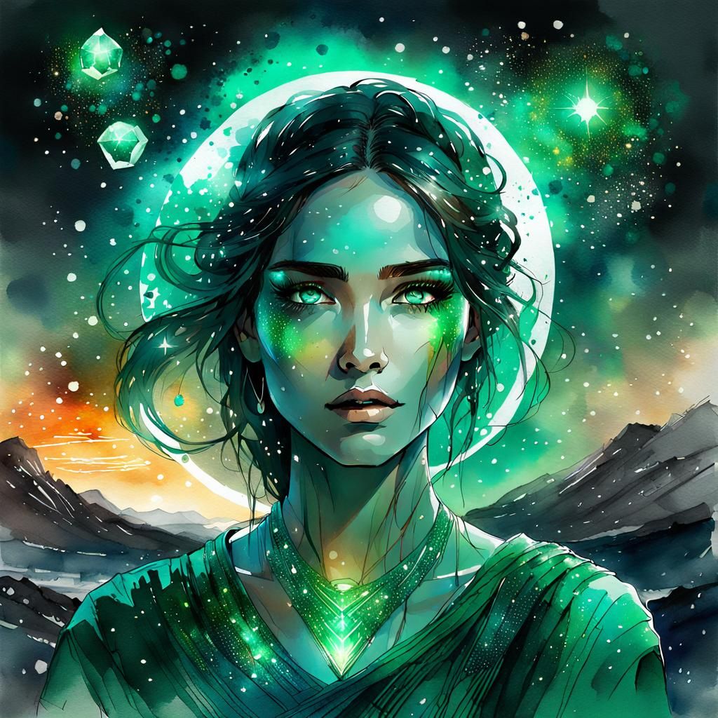 Emerald Goddess in Digital Watercolor Art Style