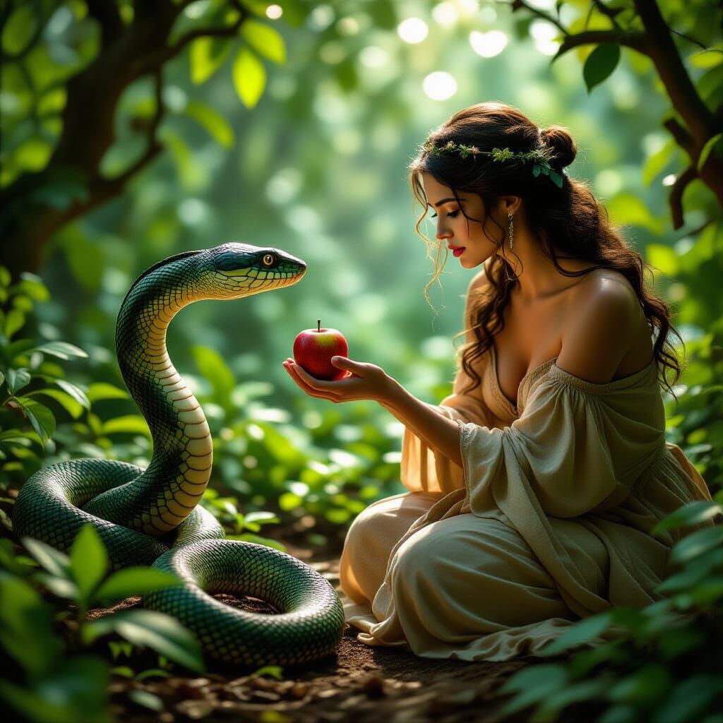Eve and the Serpent in Eden: Photorealistic Film Still