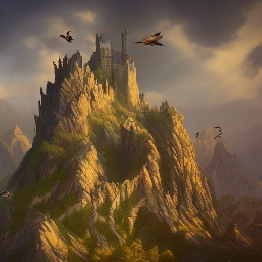 Mountain Castle with Eagles: Fantasy Concept Art
