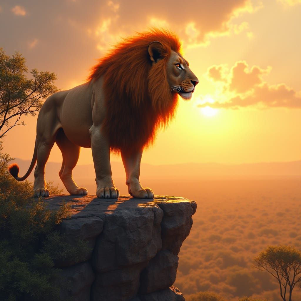 Lion with Flaming Mane Overlooking Savannah