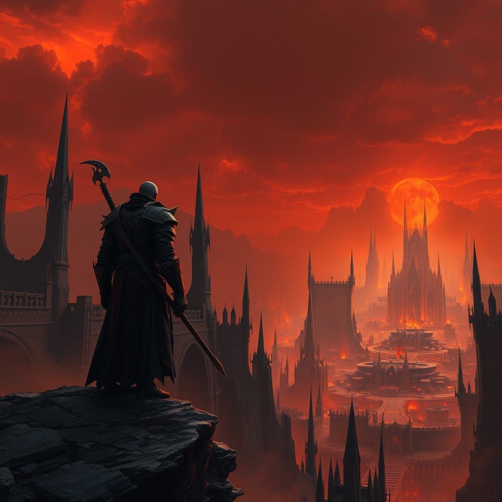 Ethereal Warrior Stands at Edge of Desolate, Gothic Realm