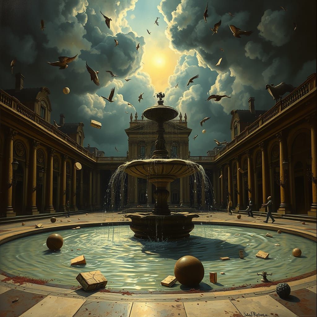 Surreal Renaissance Scene with Fountain and Baroque Architec...