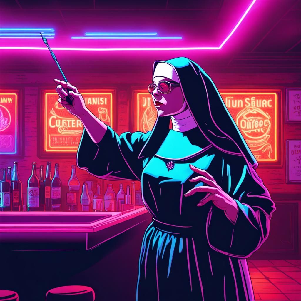 Nun Throwing Darts in Synthwave Neon Bar