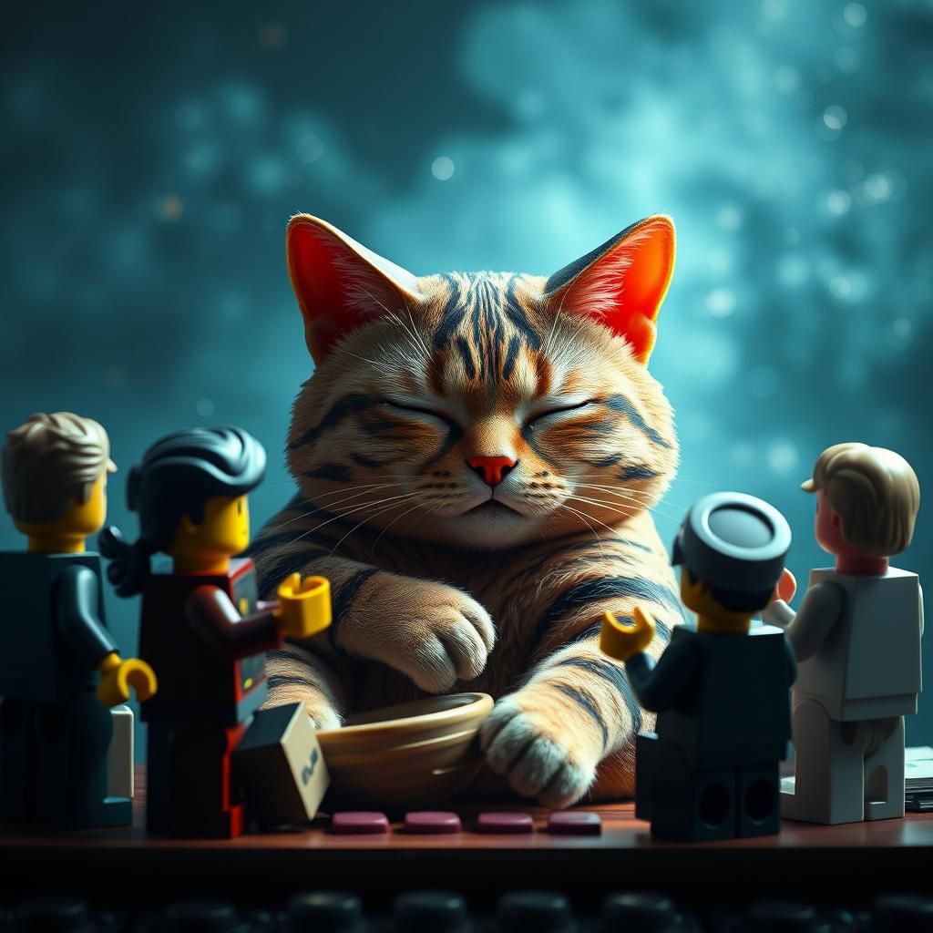 Lego Figures Meeting About Sleeping Cat