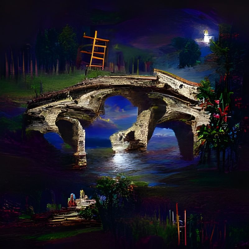Ancient Altar at Moonlit Collapsed Bridge: Renaissance Paint...