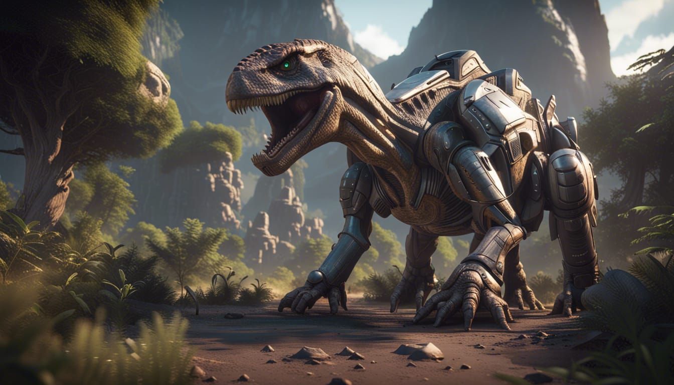 Giant Robotic Dinosaur on Alien Planet in 3D