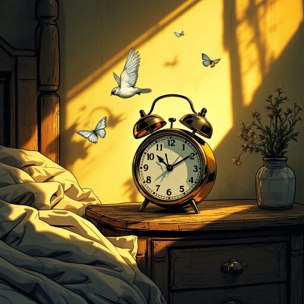 Futuristic Alarm Clock in Dramatic Morning Light Comic Style