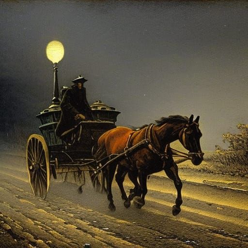 Horse drawn coach on a rainy night