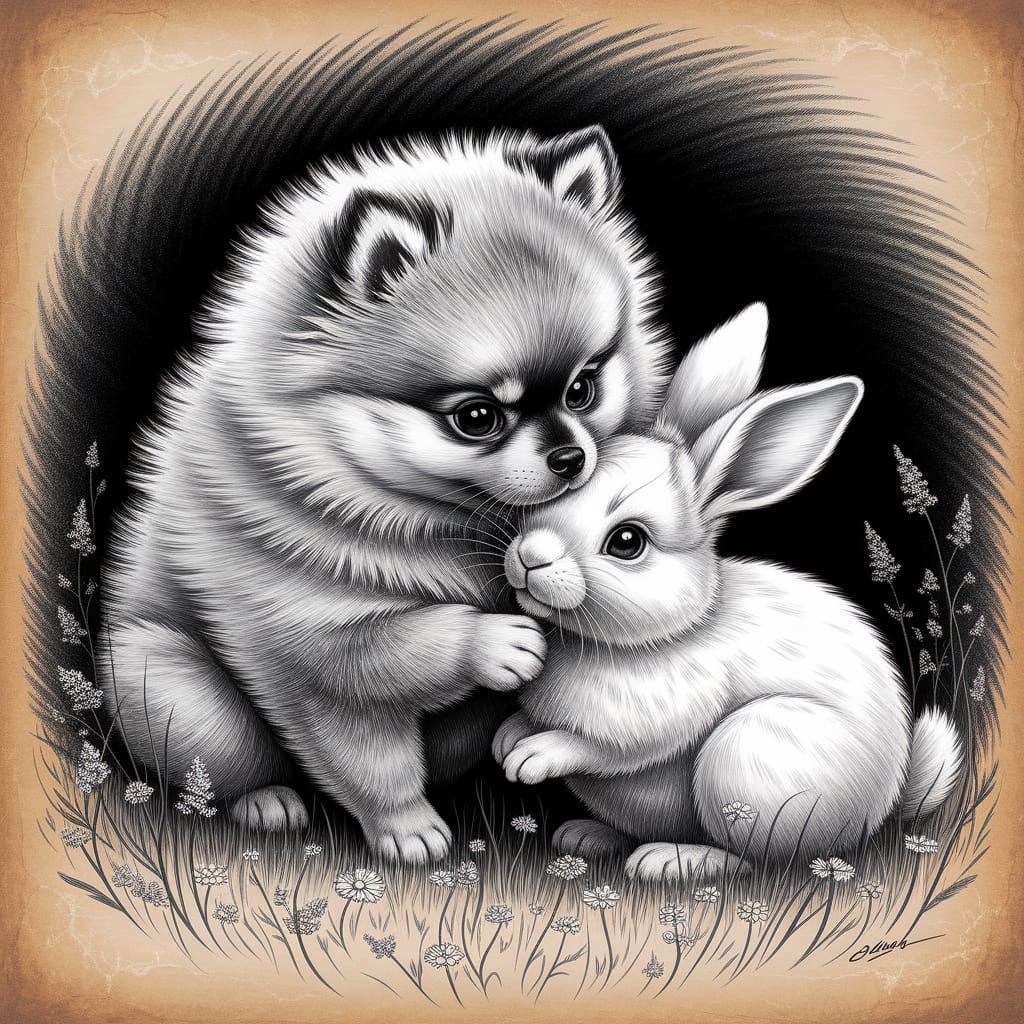 Fluffy Pomeranian and Rabbit Pencil Sketch in Classic Fine A...