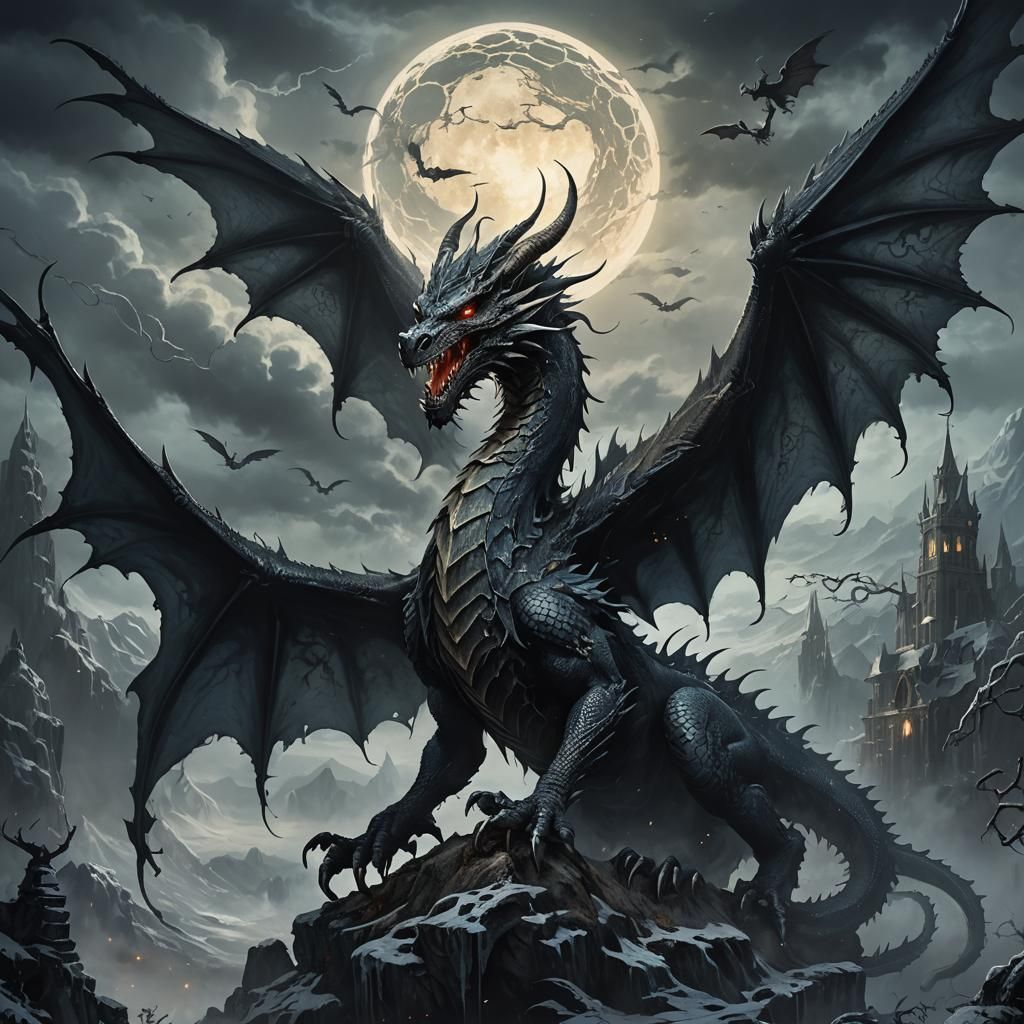 Cursed Dragon in Moonlit Landscape: Art Nouveau