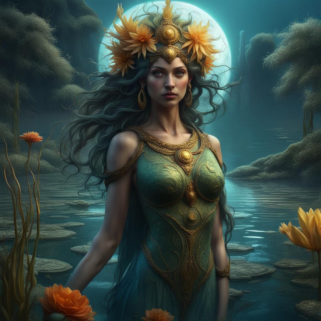 Four Goddesses: Water, Sun, Gardens, Moon in Detailed Painti...