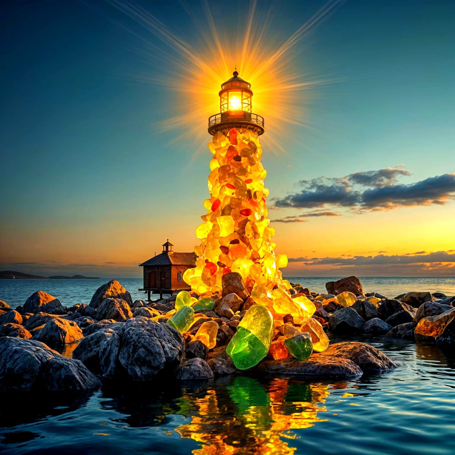 Glowing Sea Glass Lighthouse in Golden October