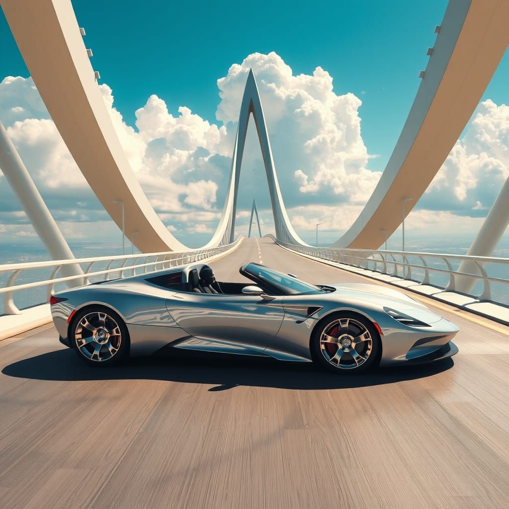 Sports Car on Diamond Bridge in Futuristic Style