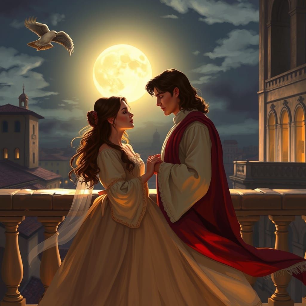 Romeo and Juliet Balcony Scene in Moonlight Digital Painting