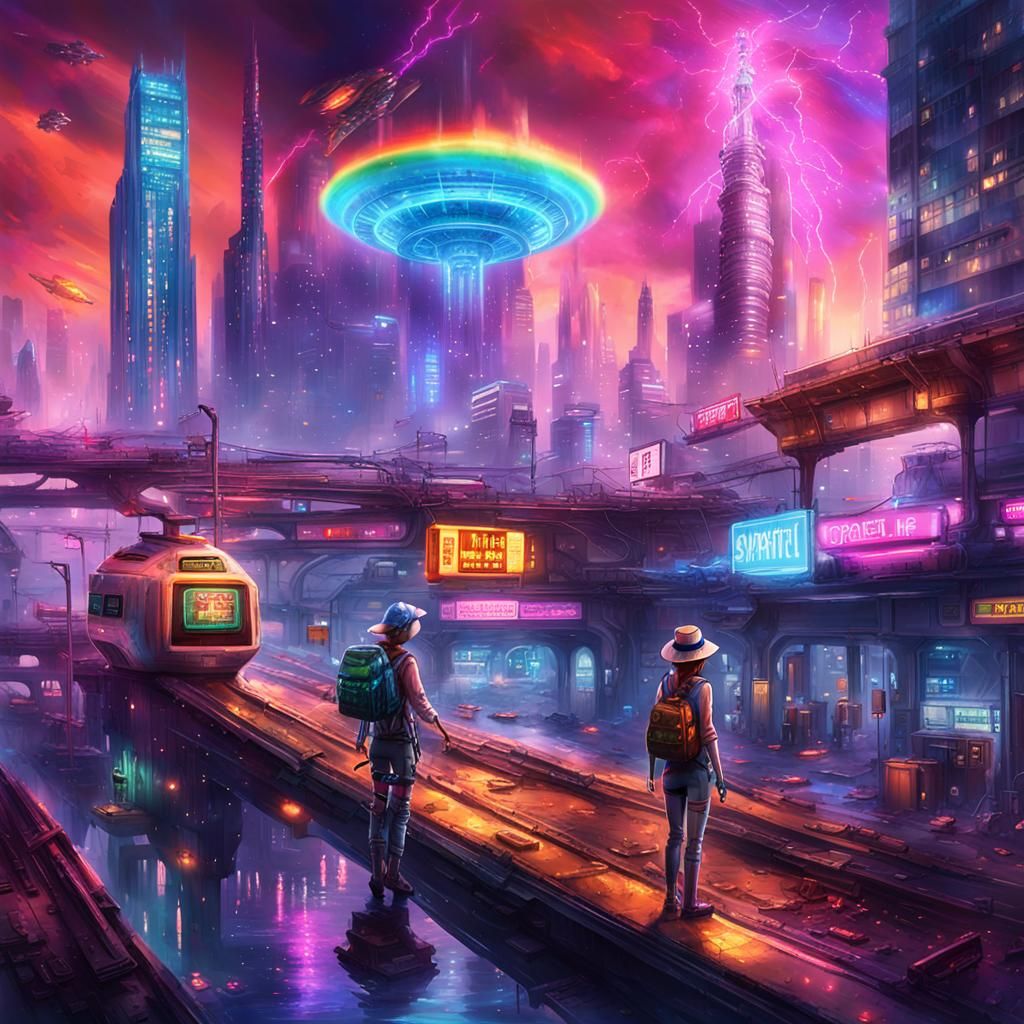 Cyberpunk City Ablaze with Biotic Robot