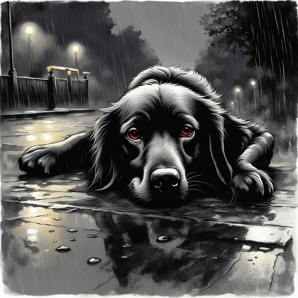 Sad Wounded Dog Lying on Curb at Night