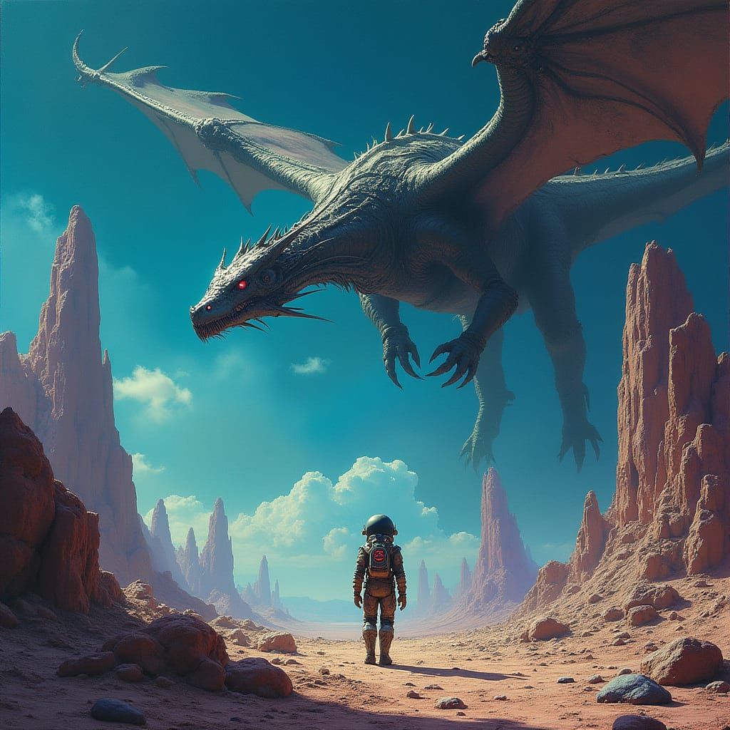 Astronaut and Bio-Mechanical Dragon on Alien Planet
