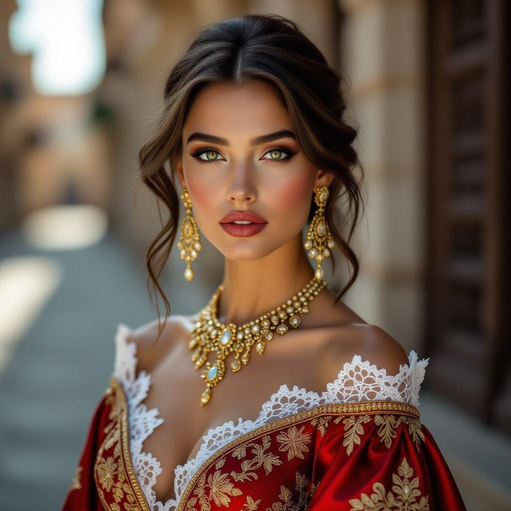 Elegant Brunette in Avant-Garde Red and Gold Gown