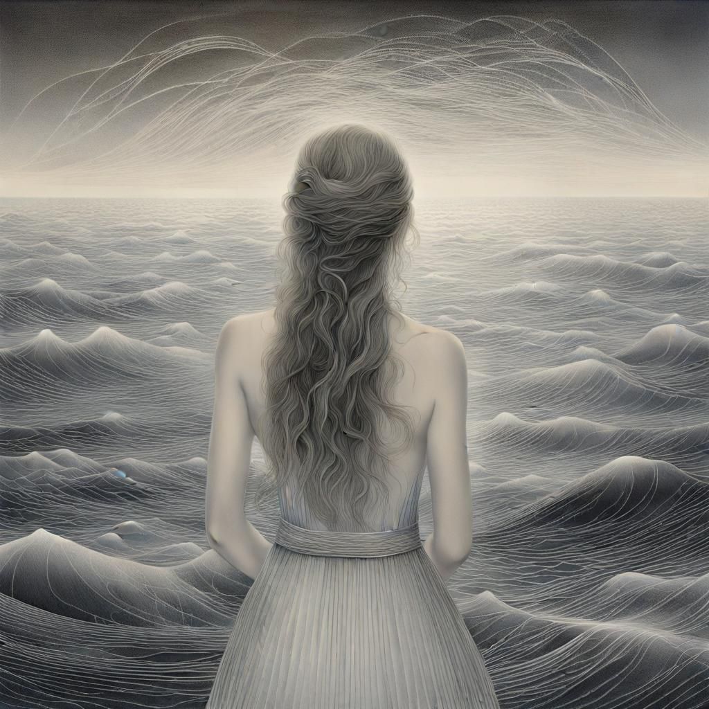 Futuristic Seascape with Silverpoint Woman and Circuit Sails