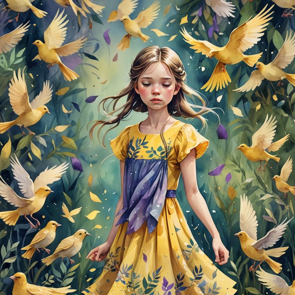 Crying Girl with Paper Birds in Watercolor Style