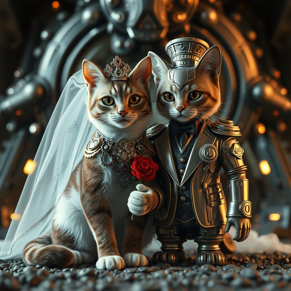 Futuristic Feline Wedding in Polished Metal Cyberpunk Style