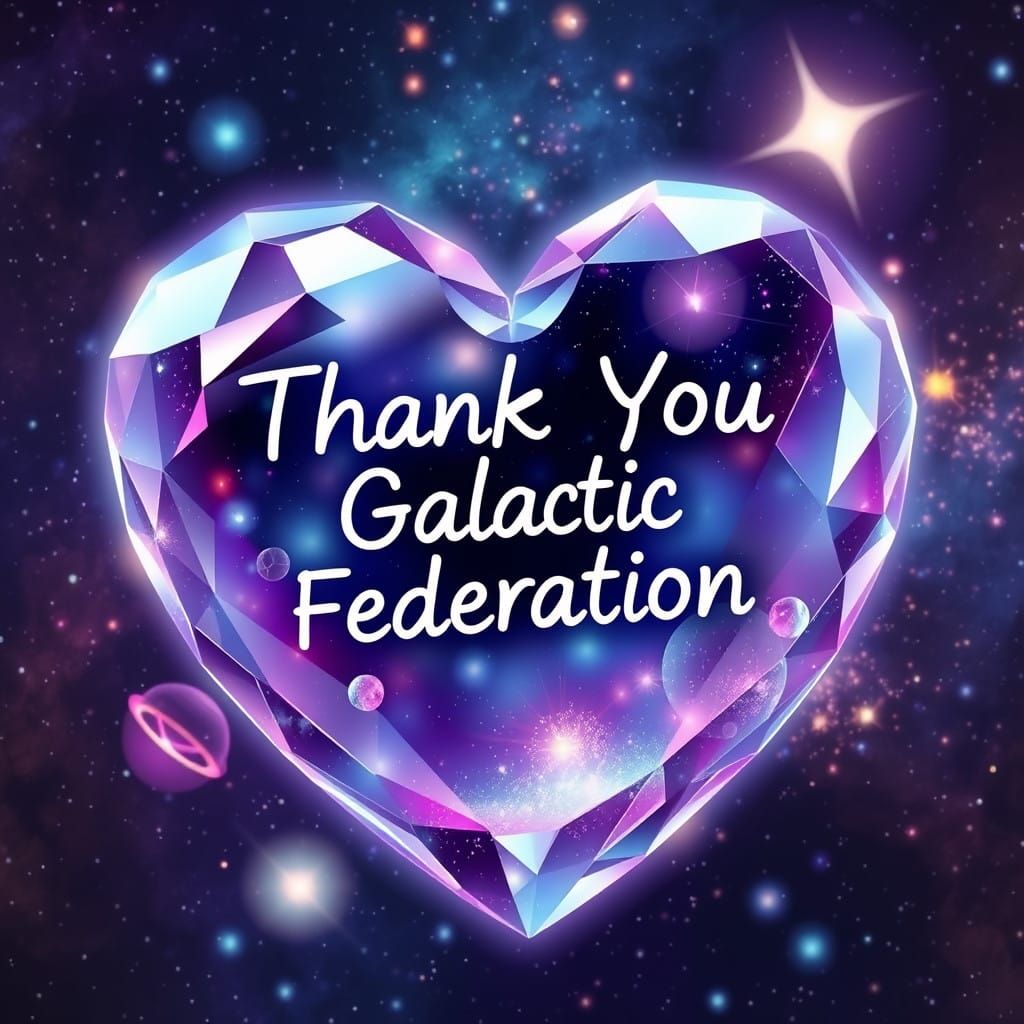 "Thank You Galactic Federation" written on a heart-shaped crystal.