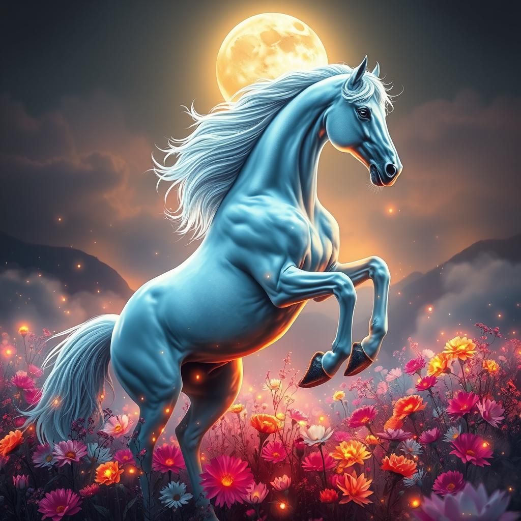 Majestic White Horse in Mystical Neon Clearing