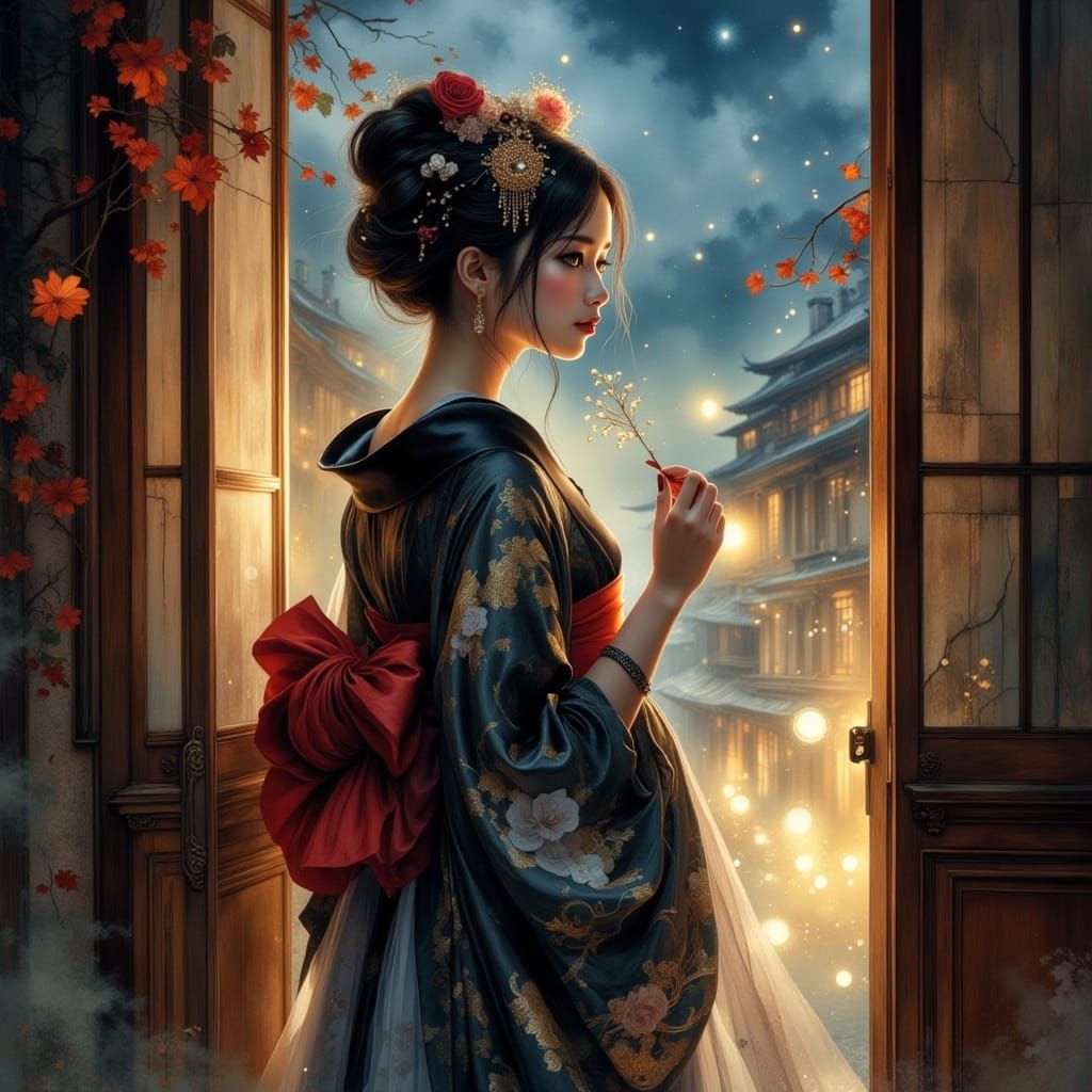 Elegant Geisha in Dynamic Pose, Anime Art Style