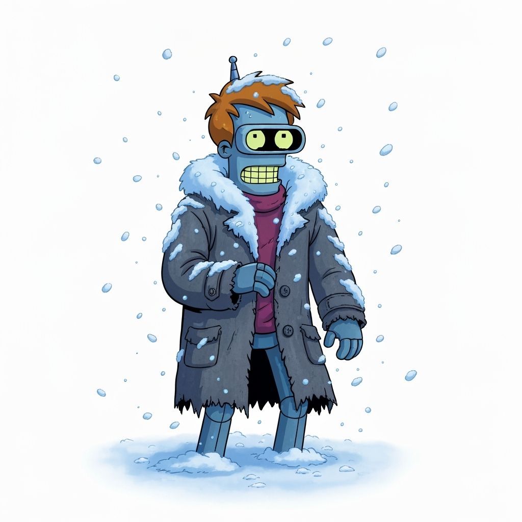 Teenage Robot Boy Shivering in Snowstorm