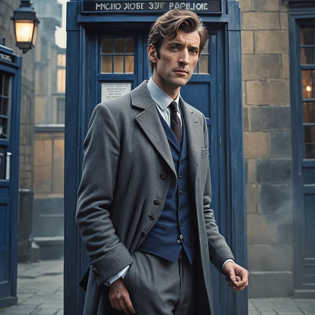 Handsome Time Lord Beside TARDIS in Sci-Fi Style