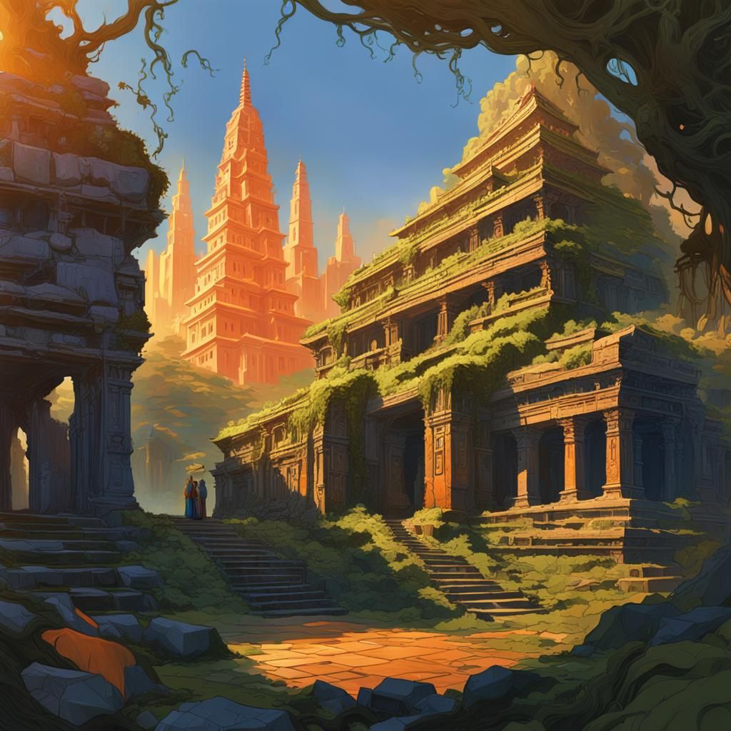 Fantasy Art of Ancient City Temple at Sunset