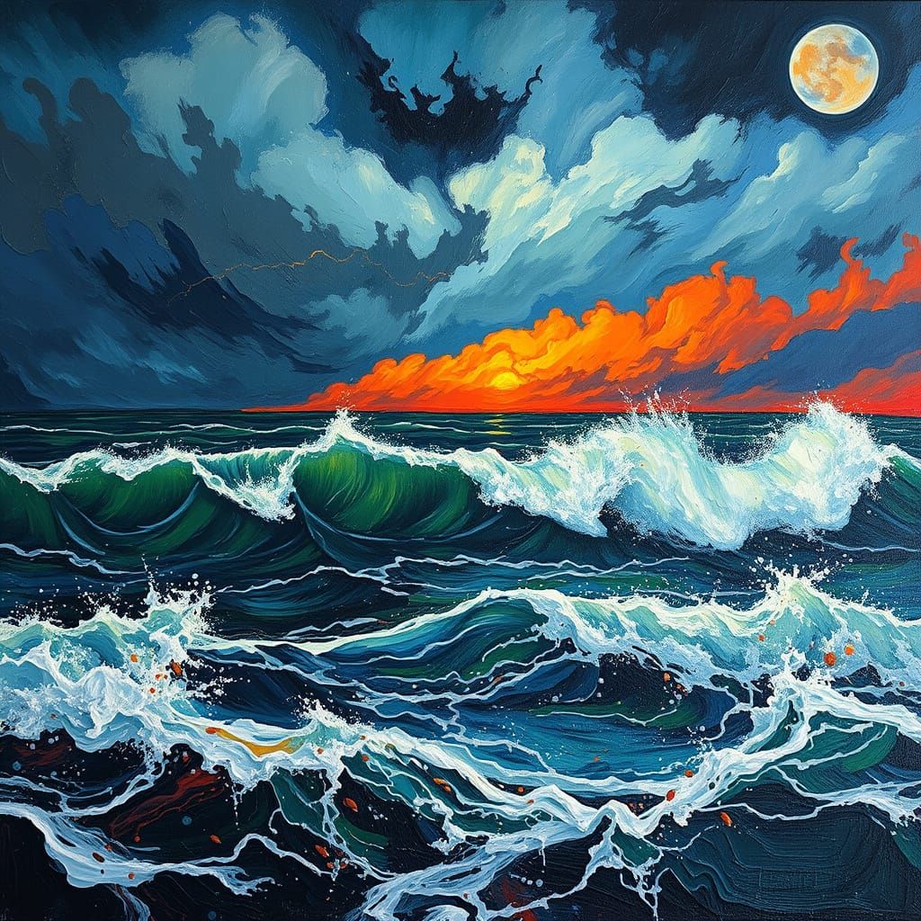 Stormy Seascape with Neon Lightning as Impasto Painting